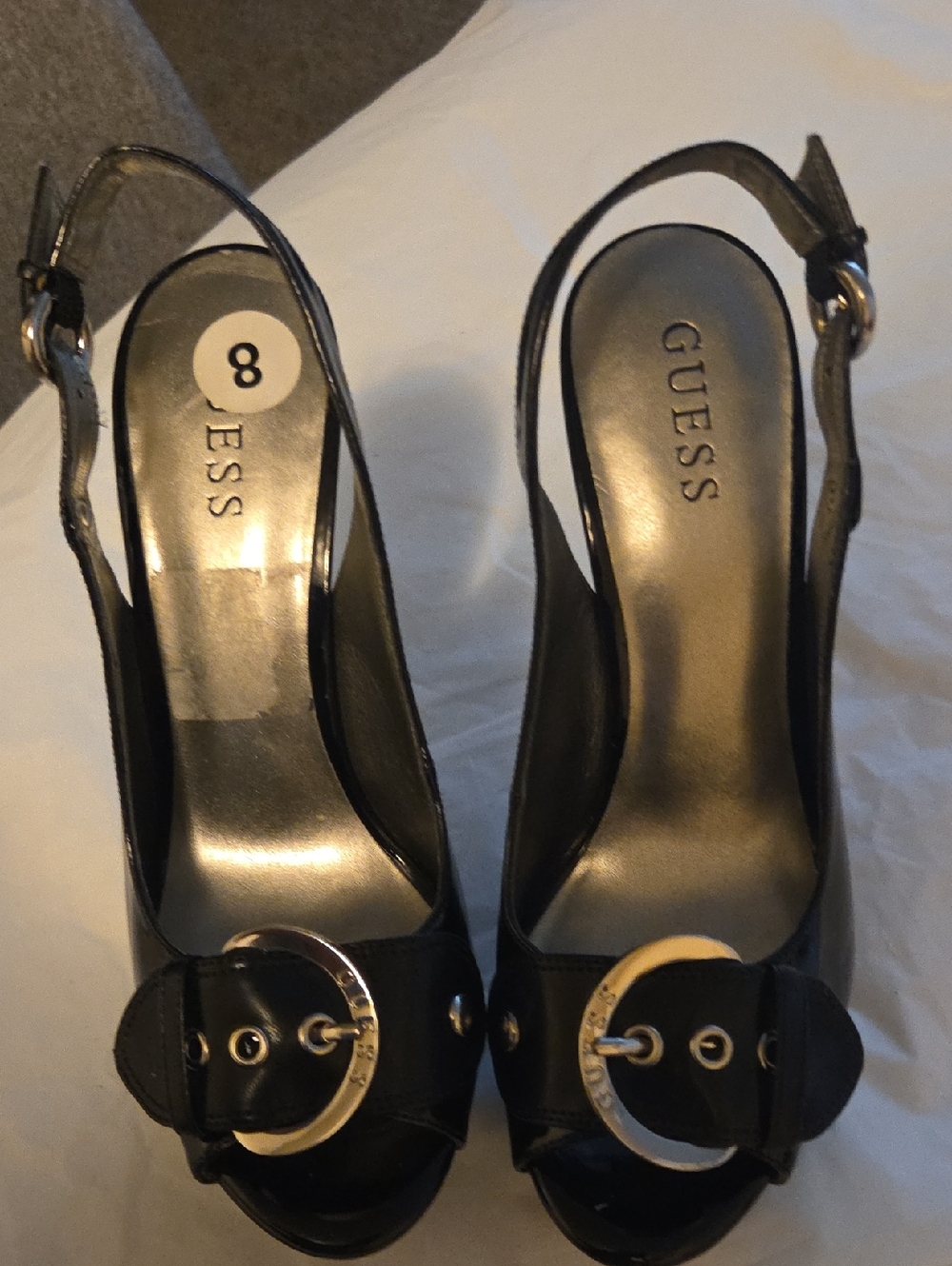 GUESS Black Slingback Peep-Toe Heels with Silver Buckle